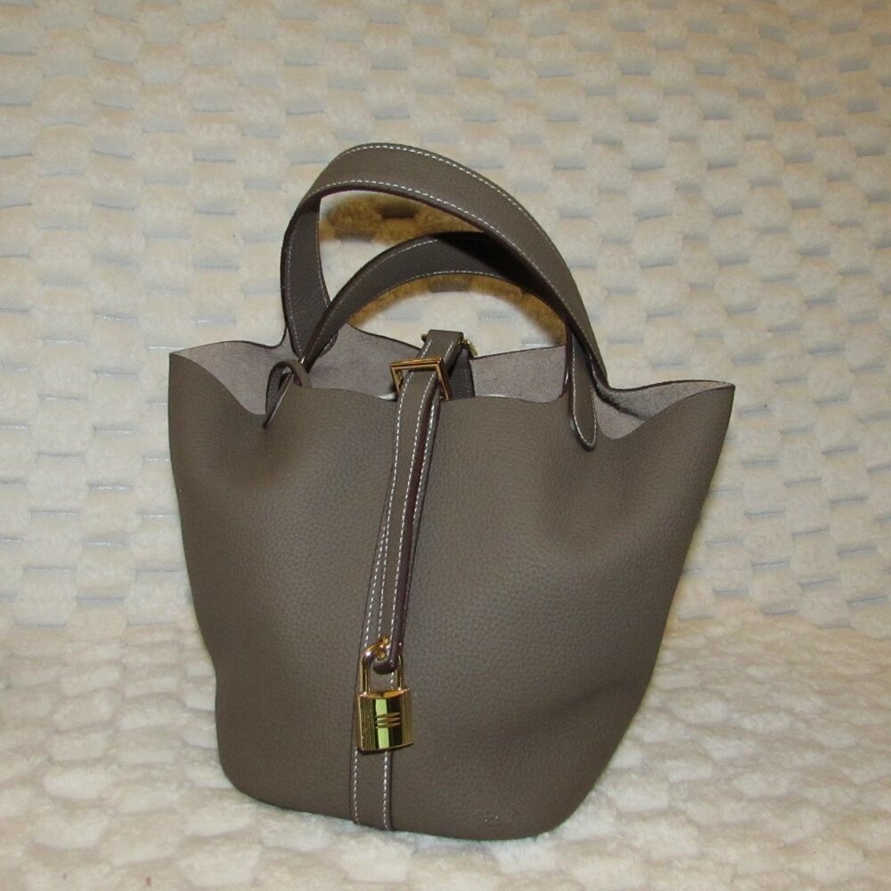 Women's Cowhide Bucket Bag, Fashionable Solid Color Taupe Handbag